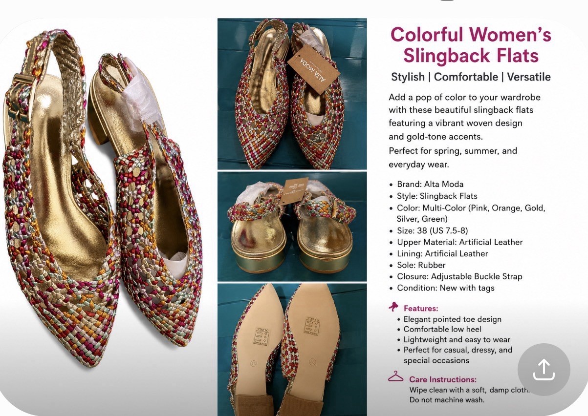 Alta Moda Women’s Colorful Woven Slingback Flats Pointed Toe Size 36,37,38 EU