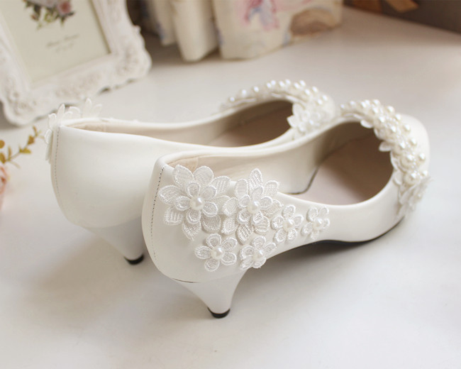Ivory Pearl Flower Wedding Lace Prom Bridal Bridesmaid Flat High Low Heels shoes