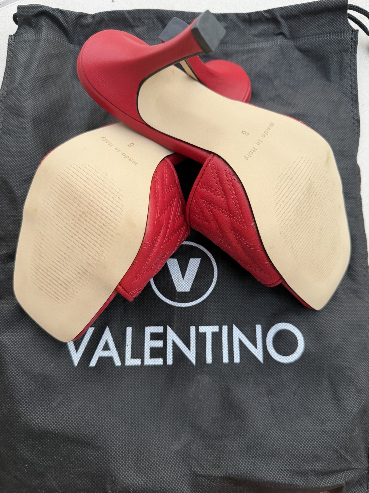 Valentino Women’s Red Quilted Faux Leather Square Toe Mule Slip-On Heels, US 8