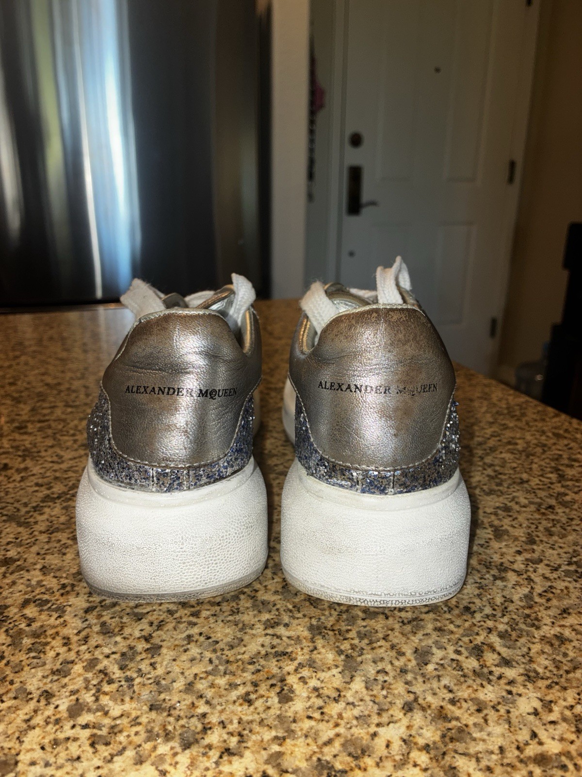 Alexander McQueen Metallic Silver Glitter Oversized Sneakers Size UK 35/US 5