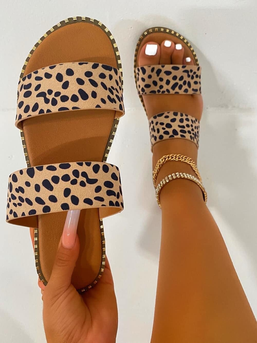 Womens Double Strap Sandals with Gold Details