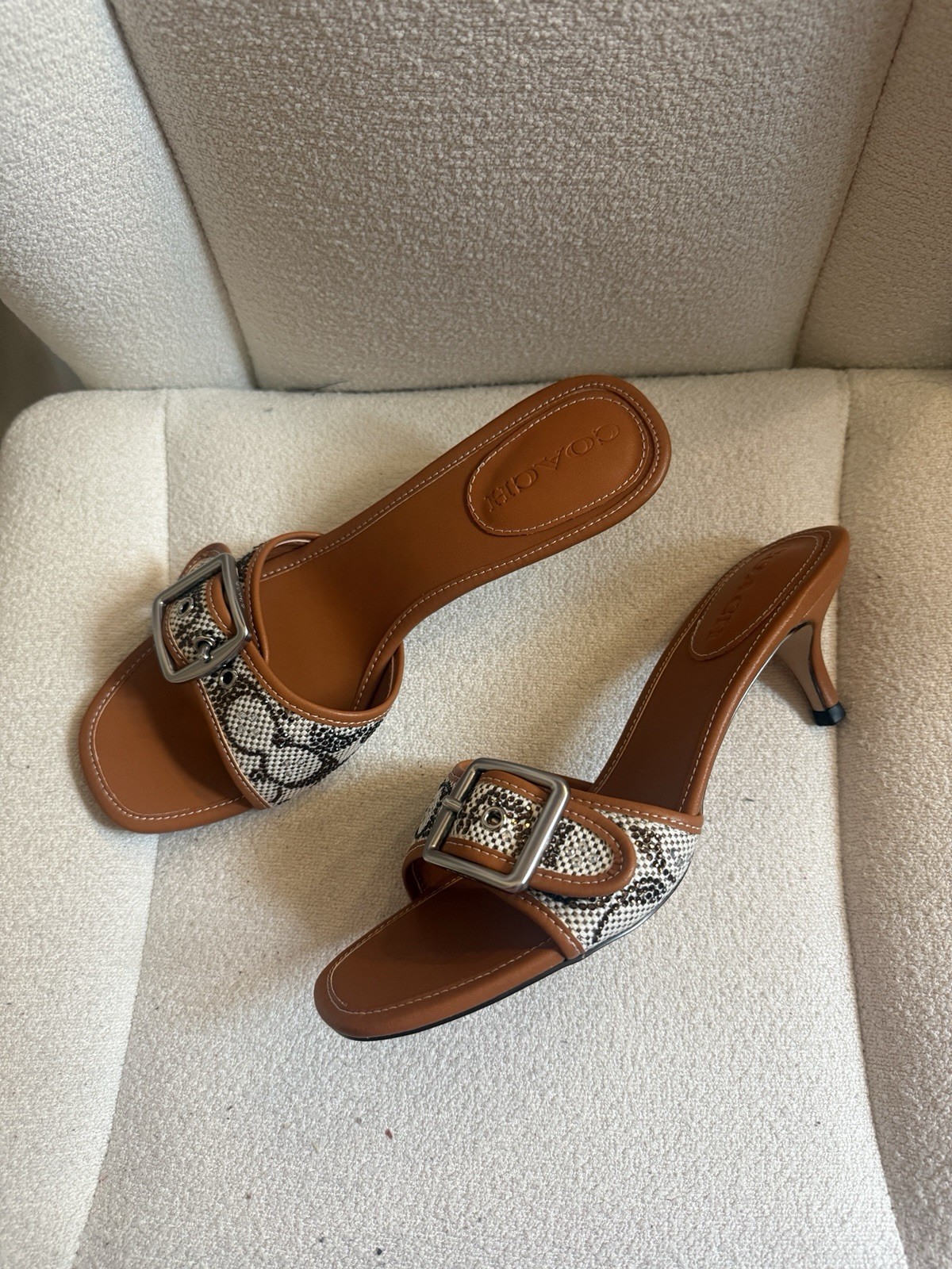 Coach jacquard margot crystal tans and white kitten heels