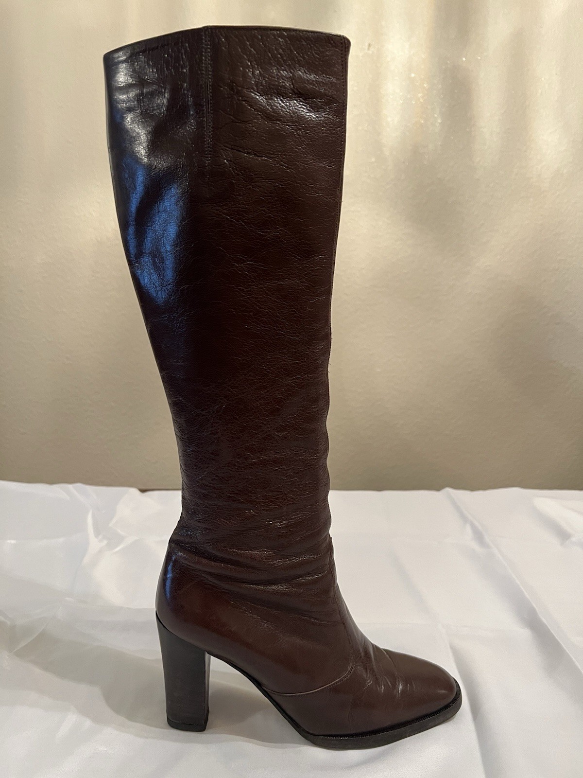 70s Vintage Halston Brown Leather Knee High Boots Womens 7M Block Heel Zip Italy