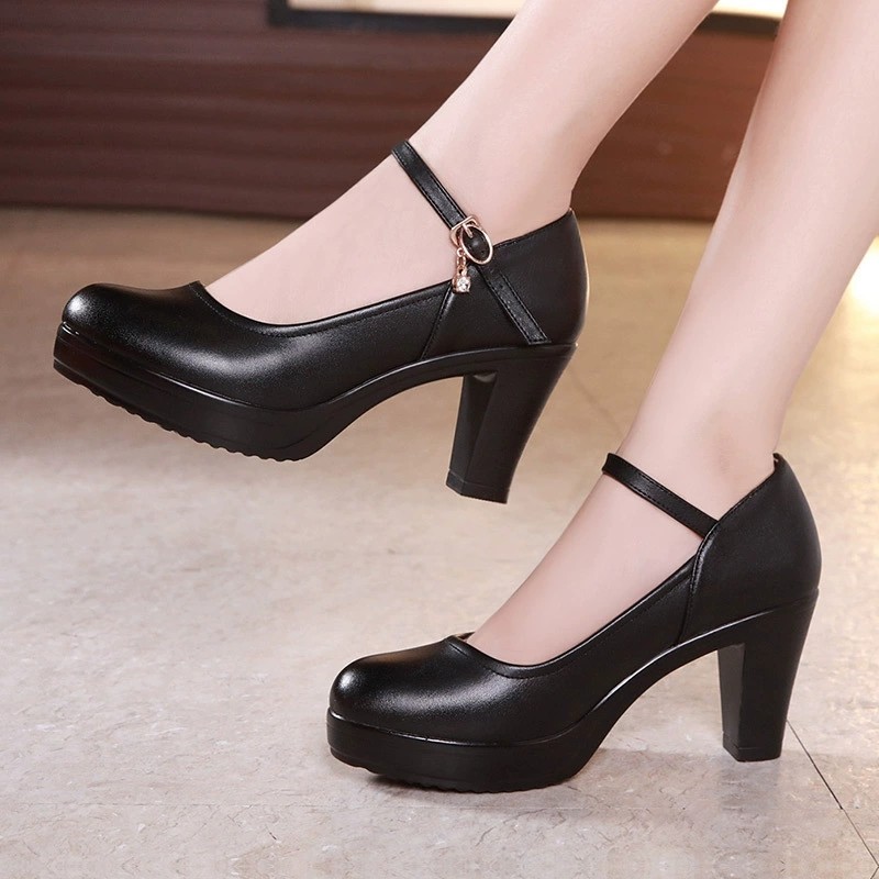 Women’s Leather Platform Block Heels Mary Jane Pump Ankle Strap Work Dress Shoes