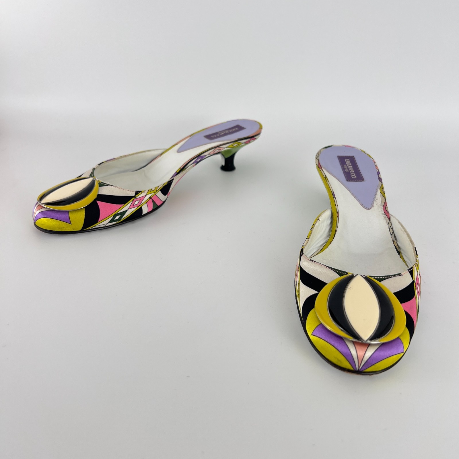 Pucci | Auth Vint Sphere Hardware Multicolor Yellow Pink Kitten Heel Mules (36)