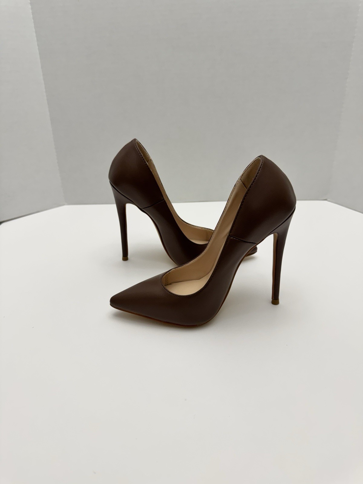 FSJ Brown Leather Shoes Heels Stiletto Pointed Toe Womens Size 3 Fits Like Sz 4