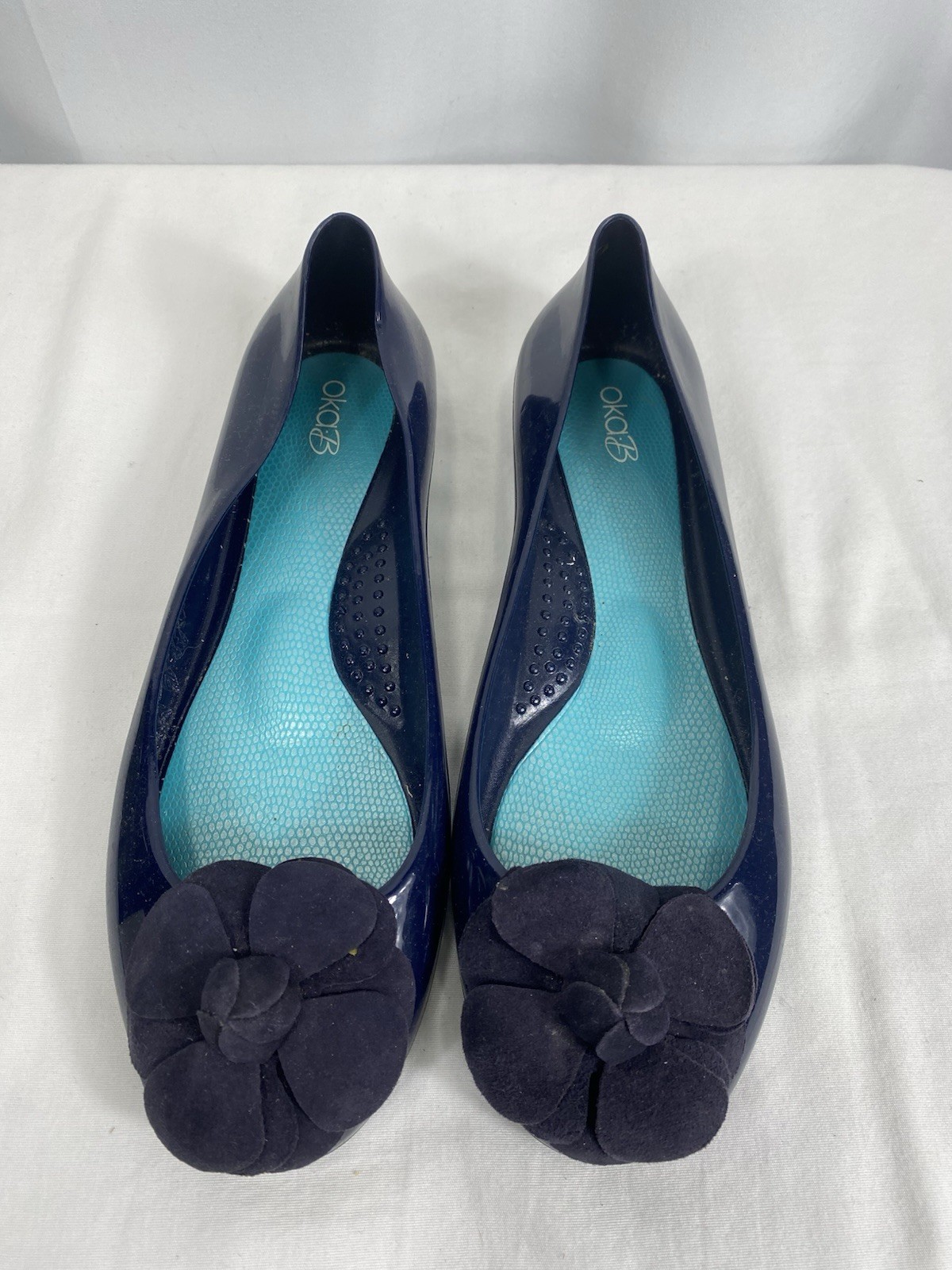 Oka B Flats Women Size 8 Jelly Shiny Blue With Flower Ballet Slip On Rubber