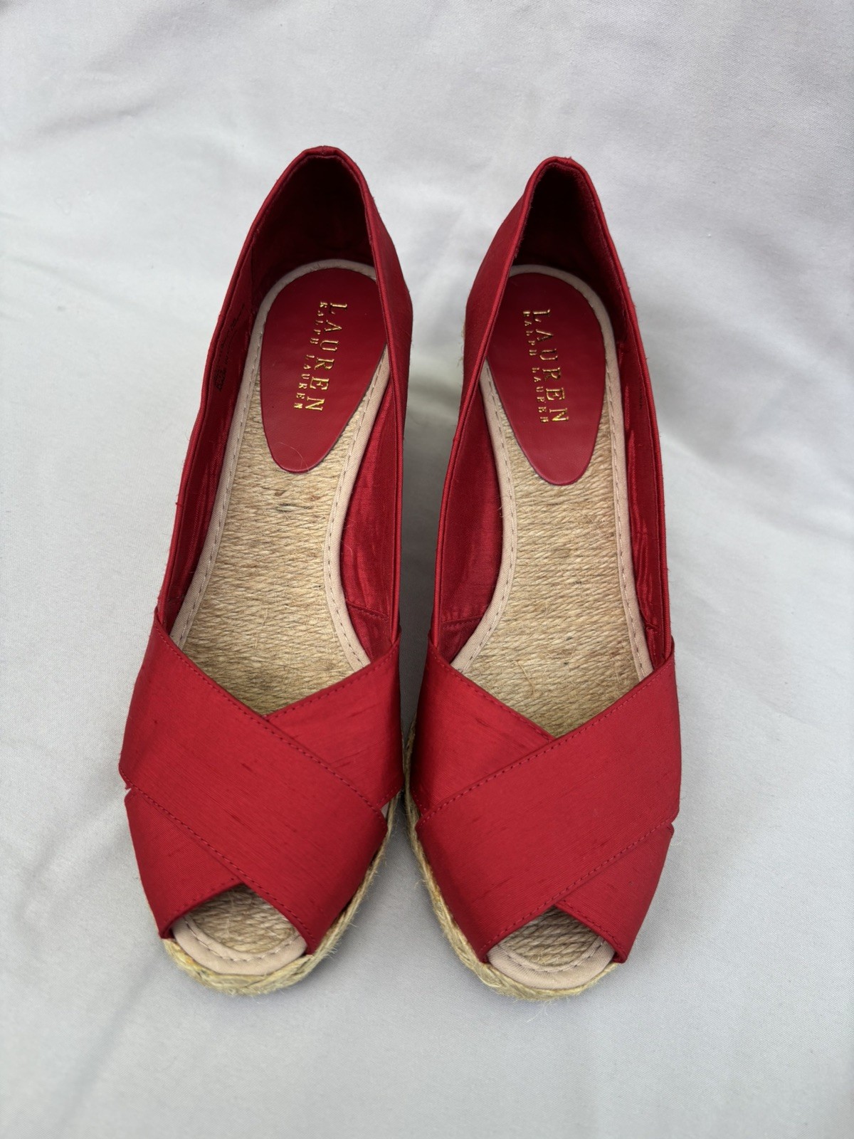 Ralph Lauren Cecilia Peep-Toe Red Silk Wedge Espadrilles, Size 8.5B