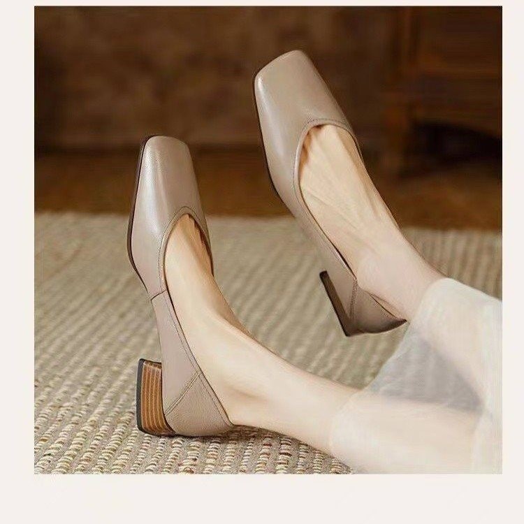 Men’s Square Toe Leather Low Chunky Heels Office Dress Pumps Party Shoes Pull On
