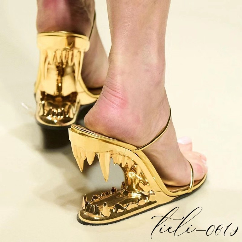 Women Metal High Teeth Heels Mules Sandals Oversize Slippers Fashion Show Runway