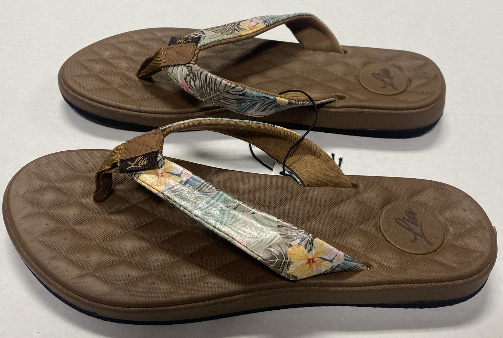 Lia Brown with Tropical Strap Women’s 6 7 8 9 10 11 Flip Flops Sandals New