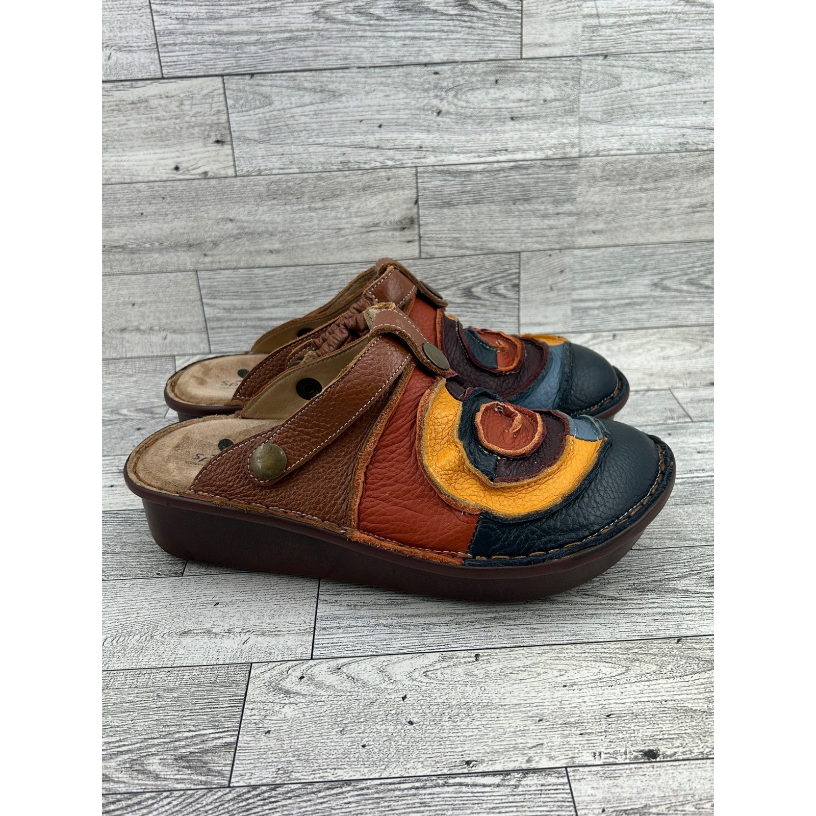 Spring Step Multi Color Patchwork Leather Clogs Spiral Wedge Mules Women Sz 37