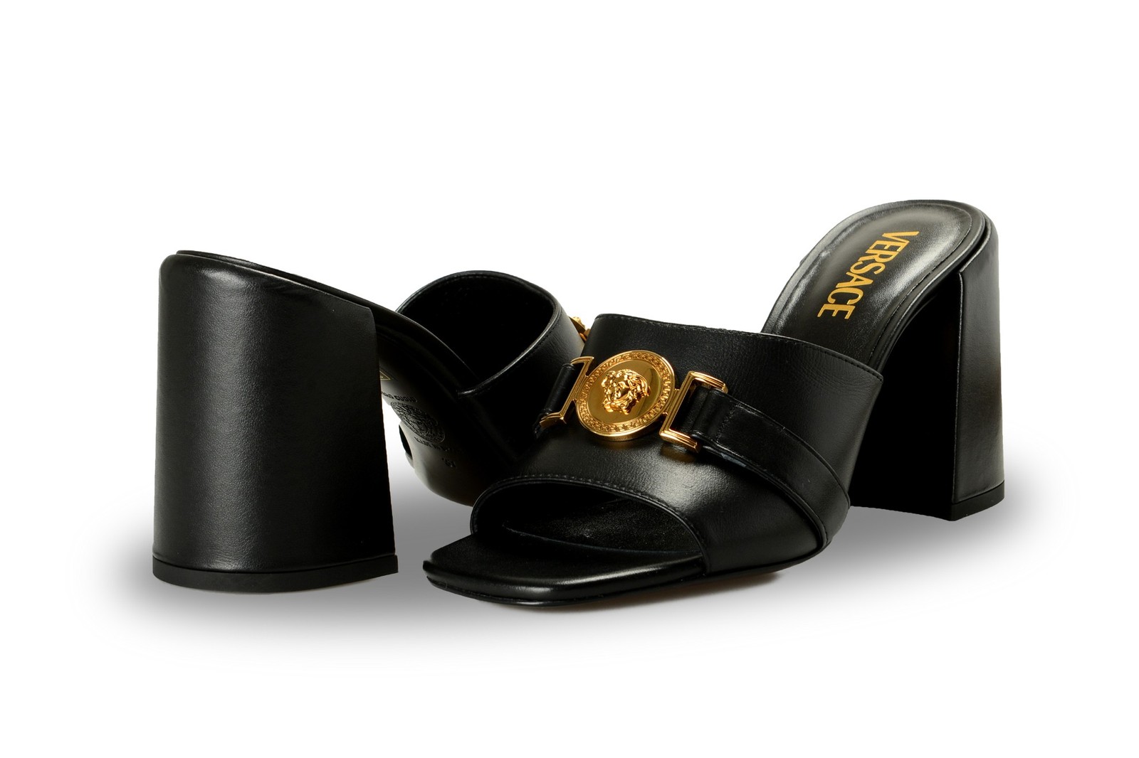 Versace Women’s Black 100% Leather Gold Medusa Mules Sandals Shoes US 6 IT 36