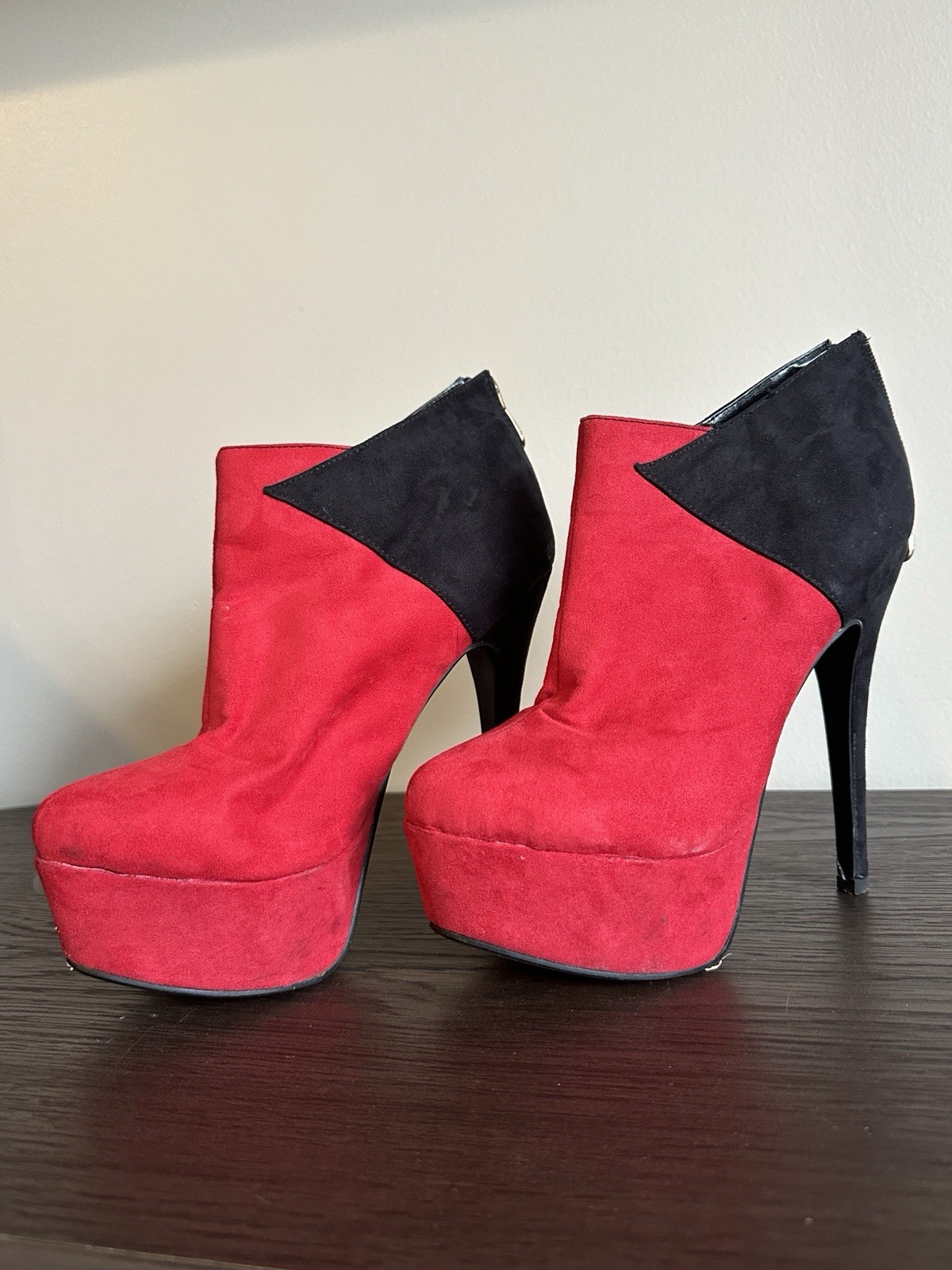 Red Circle Women’s two tone red and black faux suede platform ankle cut booties