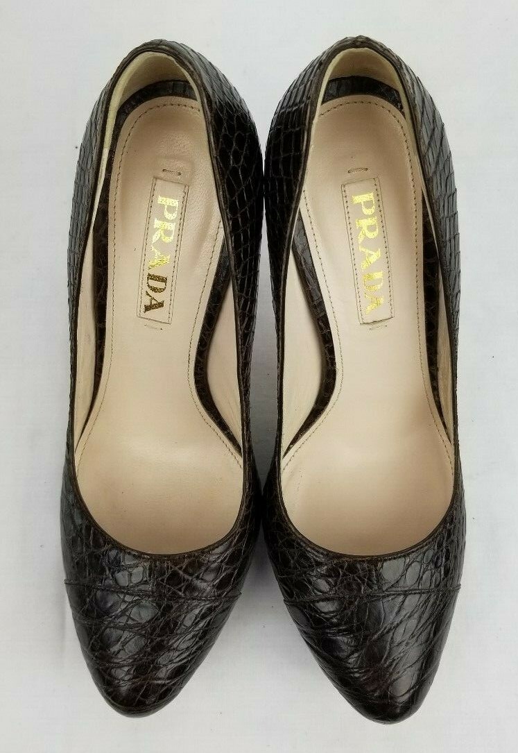 Prada Brown Textured Leather Platform Semi Pointed Toe Slim Heel Pumps size 37.5