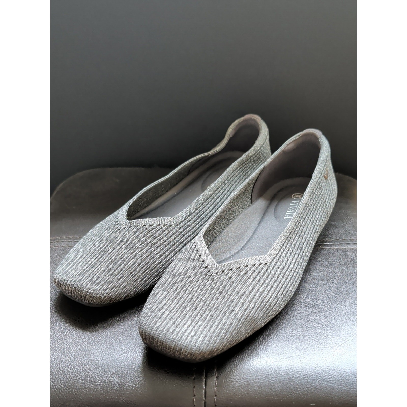 Vivaia Square Toe Margot V Cut Comfort Slip On Business Casual Gray Knit Flats