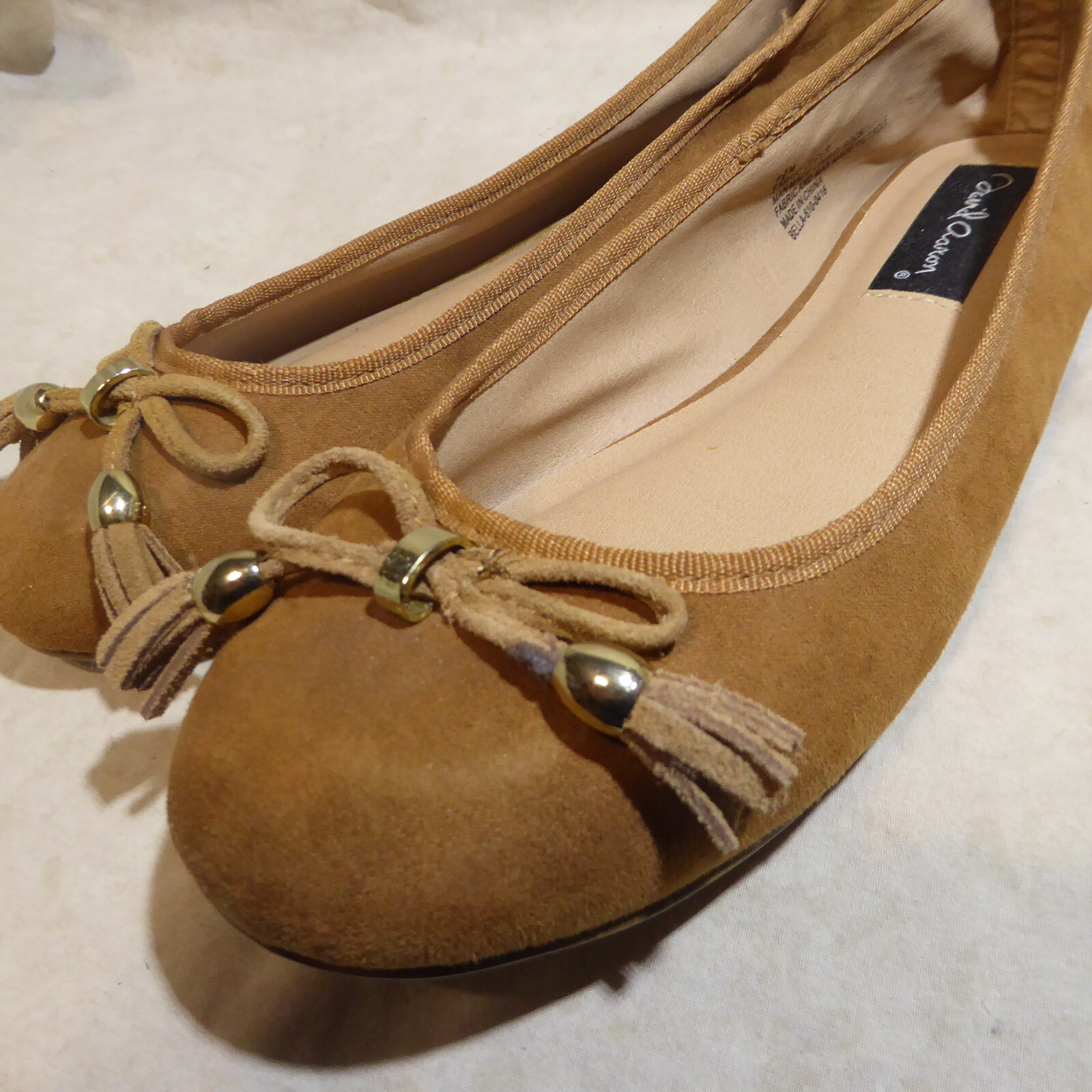 🩰 David Aaron Ballet Flats sz 8.5 M Butterscotch Brown Suede; Tasseled Bows