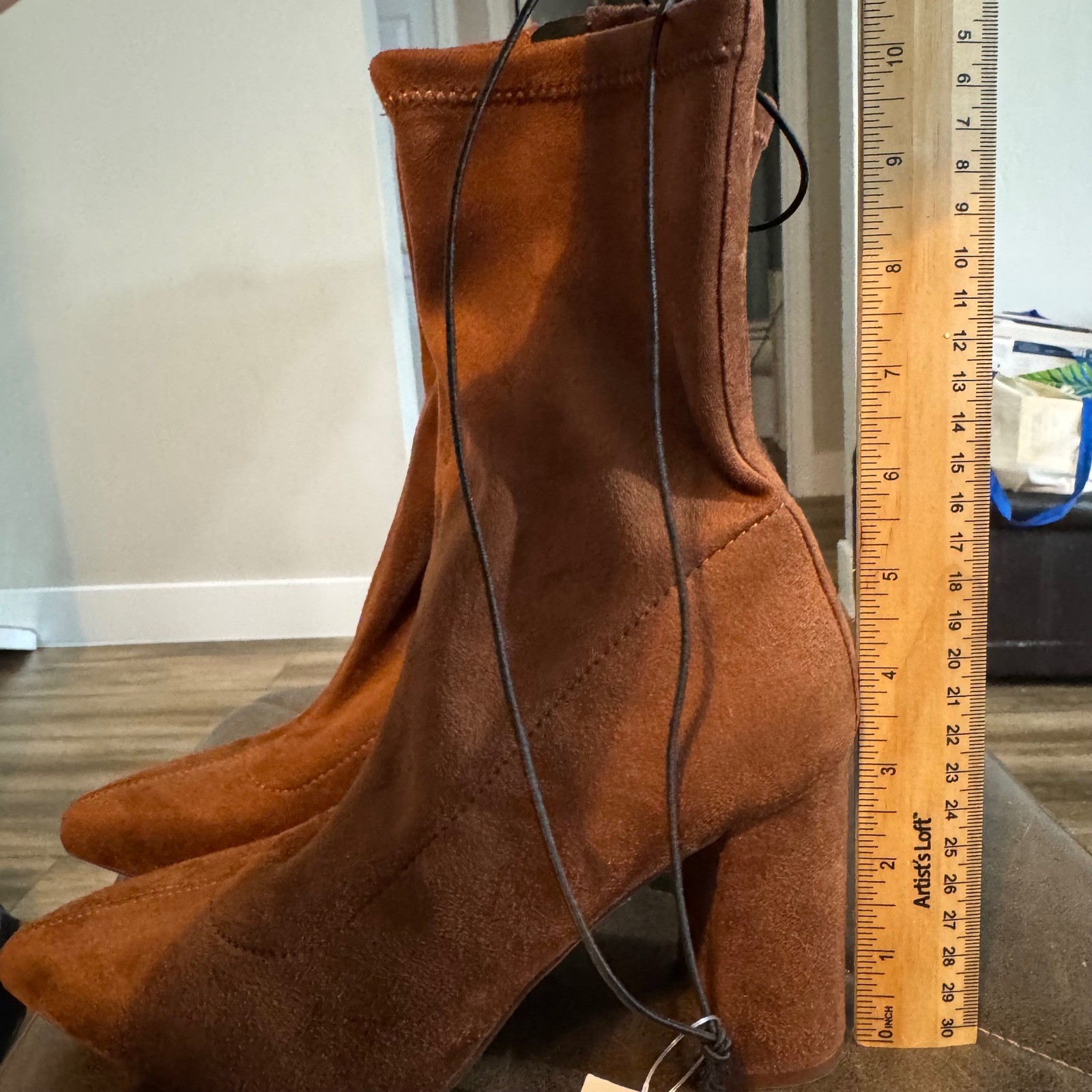 Express Womens Cognac Brown Faux Suede Pointed Toe Block Heel Sock Boots 7 NEW