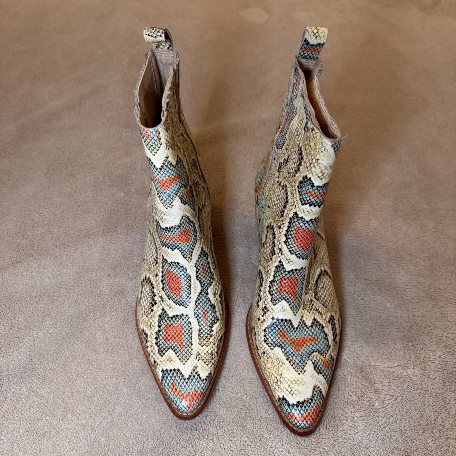 Snakeskin Print Western Leather Ankle Boots Block Heel Pointed Toe Boho SZ 6M