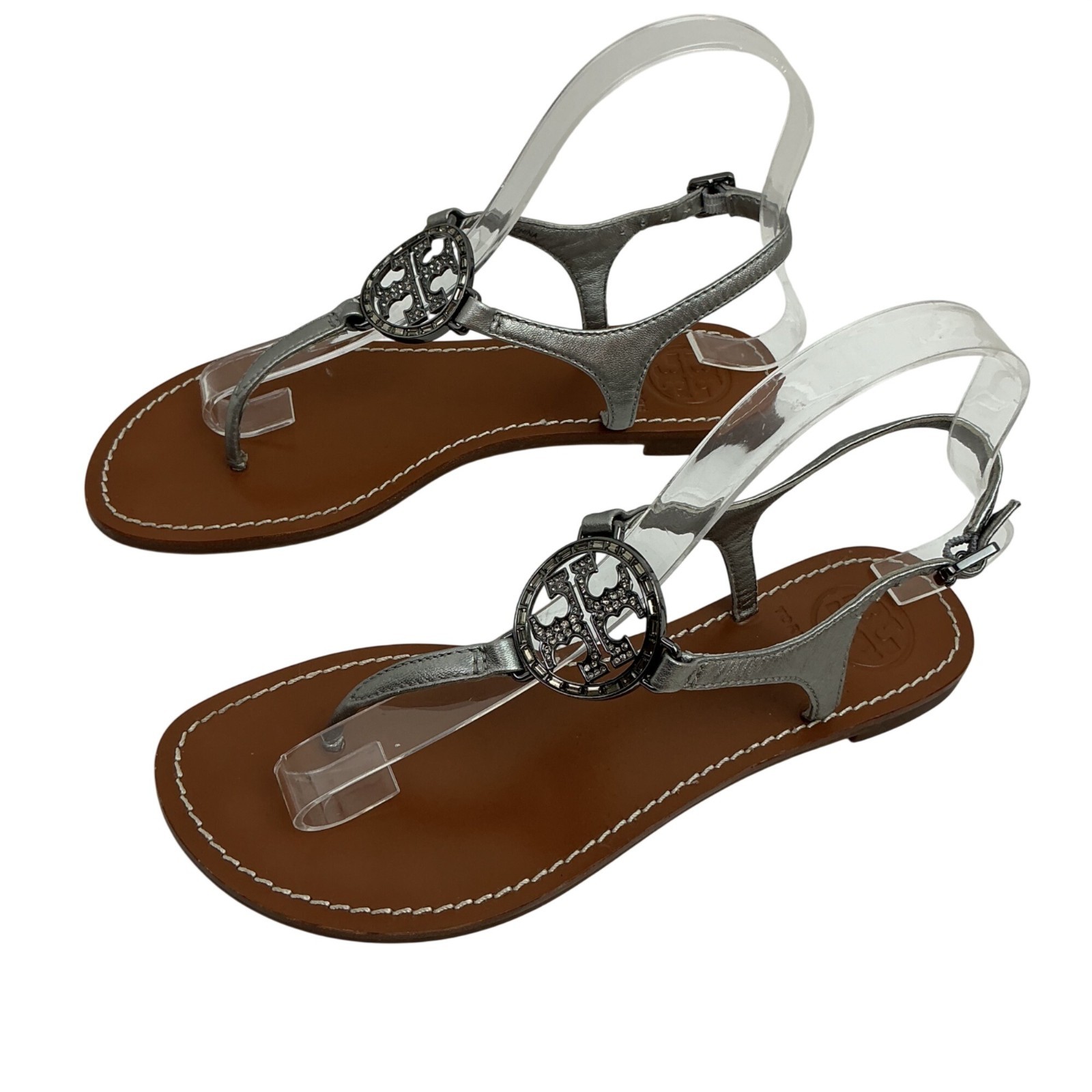 Tory Burch Crystal Metallic Logo Leather Slingback T-Strap Sandals Silver Tan