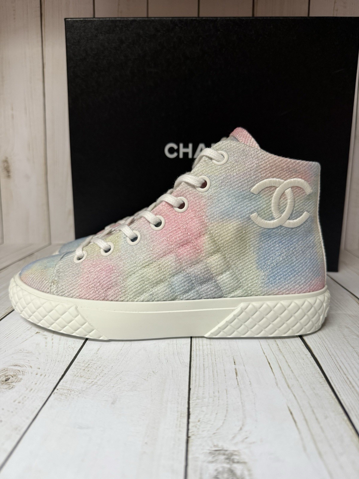 CHANEL Printed Fabric Quilted High Top Sneakers Green Pink Blue Sz 36 / 6
