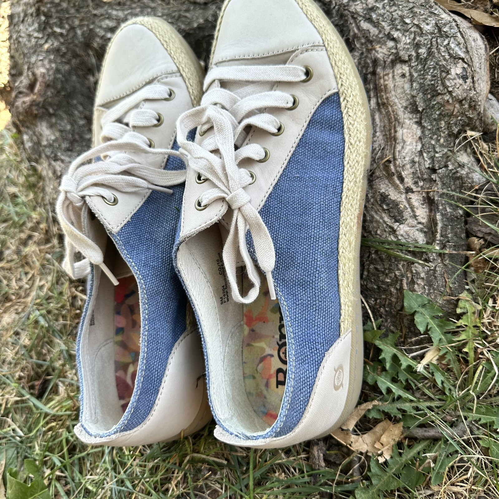 Born Corfield Blue Canvas Leather Espadrille Sneakers 9M Floral Insole Coastal