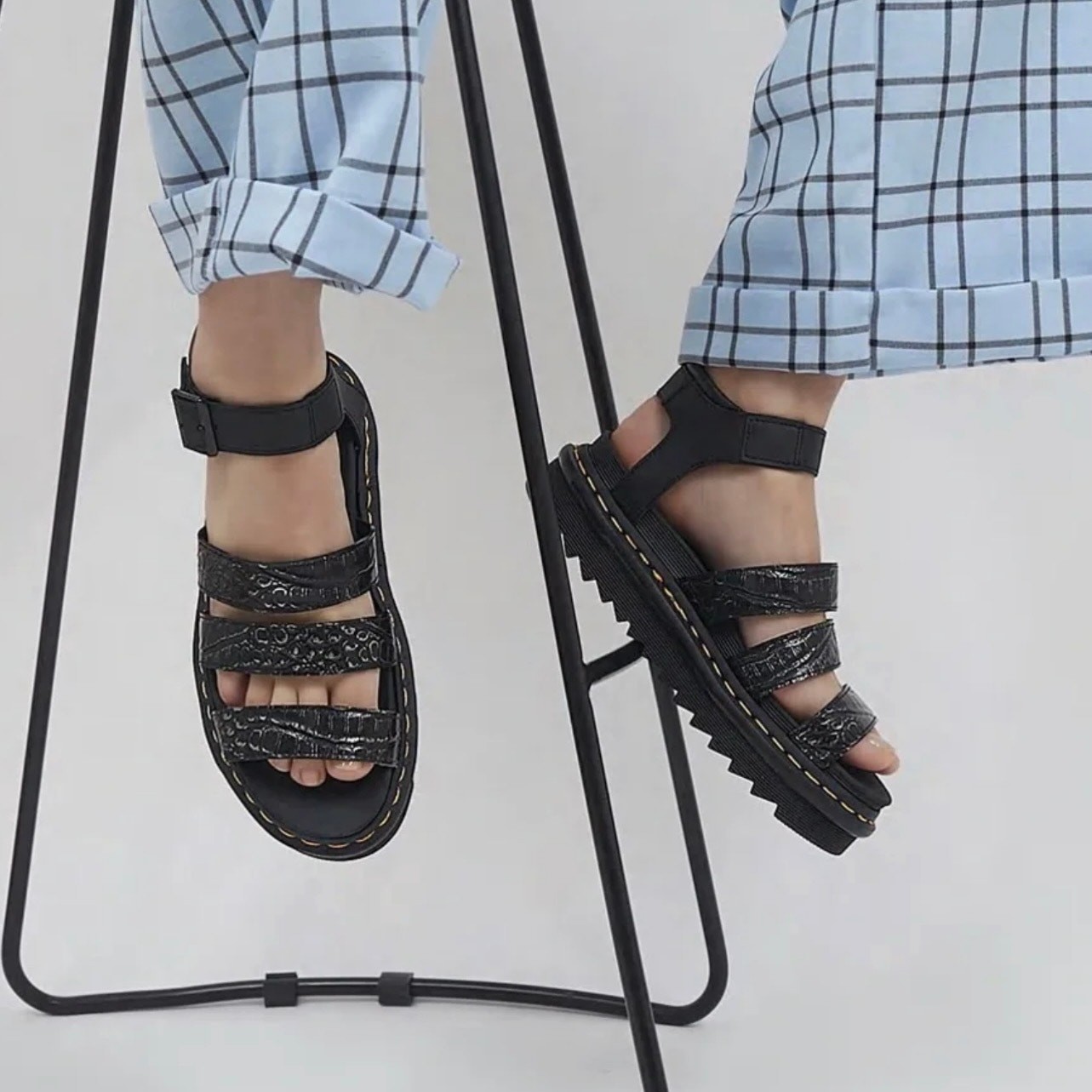 Dr. Martens Blaire Sandals – Black with Embossed Gunmetal Wild Croc Finish – 8.5