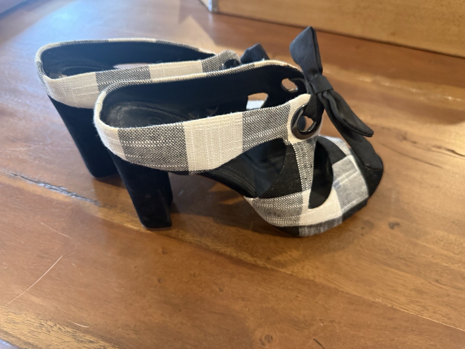 AD & Daughter Womens US 8 Black White Plaid Open Toe Bow Tie Block Heels