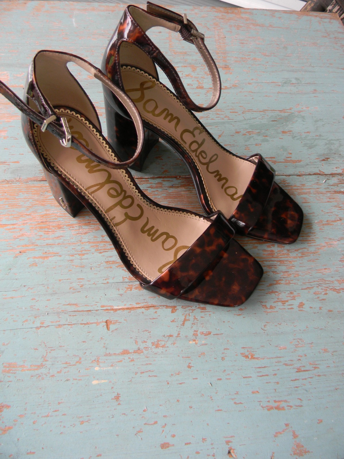 SAM EDELMAN BLACK/BROWN TORTOISE FAUX PATENT YARO STRAPPY HEELS SZ 6.5M