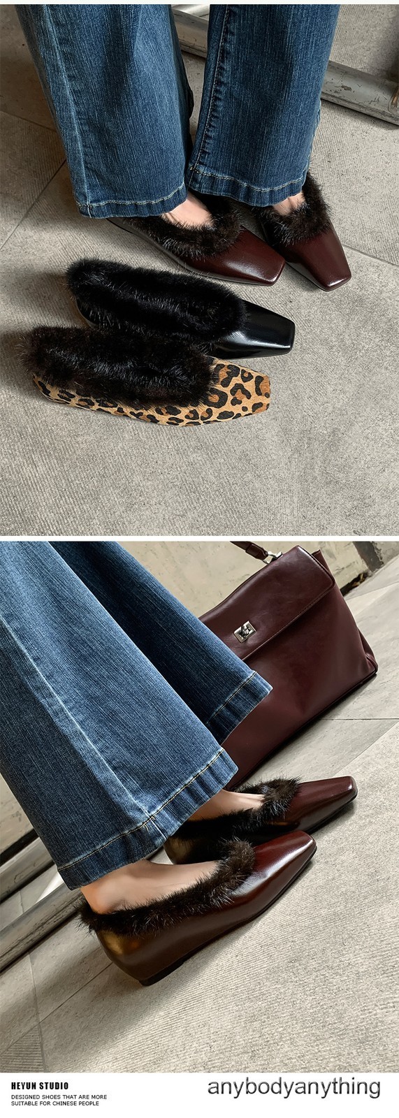 Women Square Toe Real Leather Leopard Print Mink Fur 3.5cm Low Hidden Heel Shoes