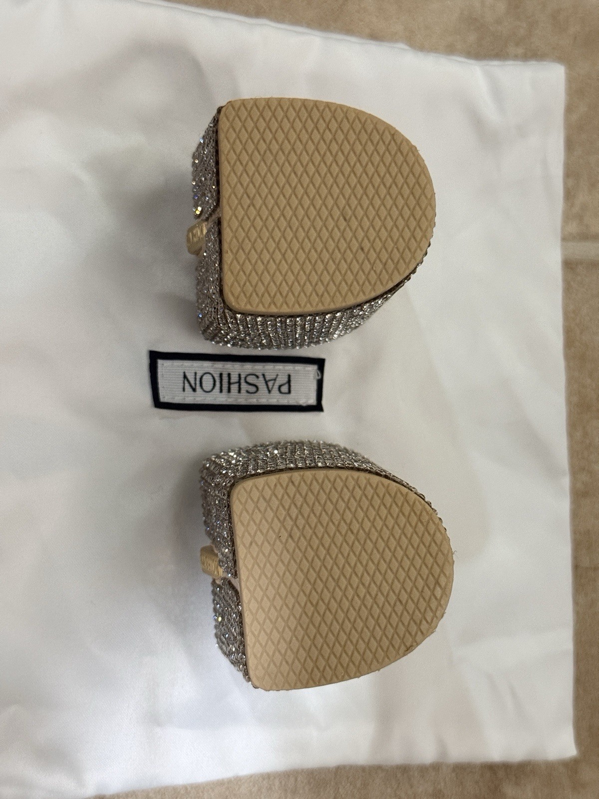 Size 9-11 Pashion Footwear Sand Rhinestone 3 Inch Heel Block “