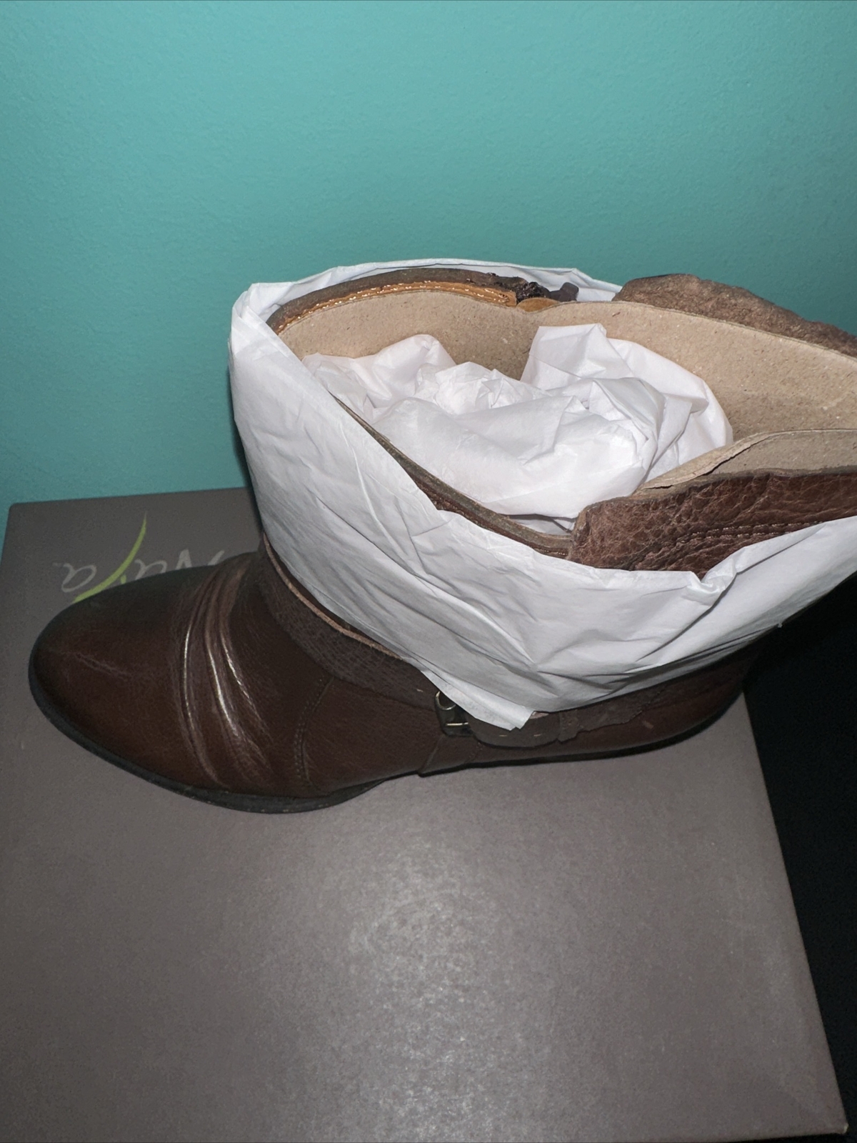 Naya Women’s Virtue Boot Size 10 Block Heel Rouched Brown Leather Buckles Boho