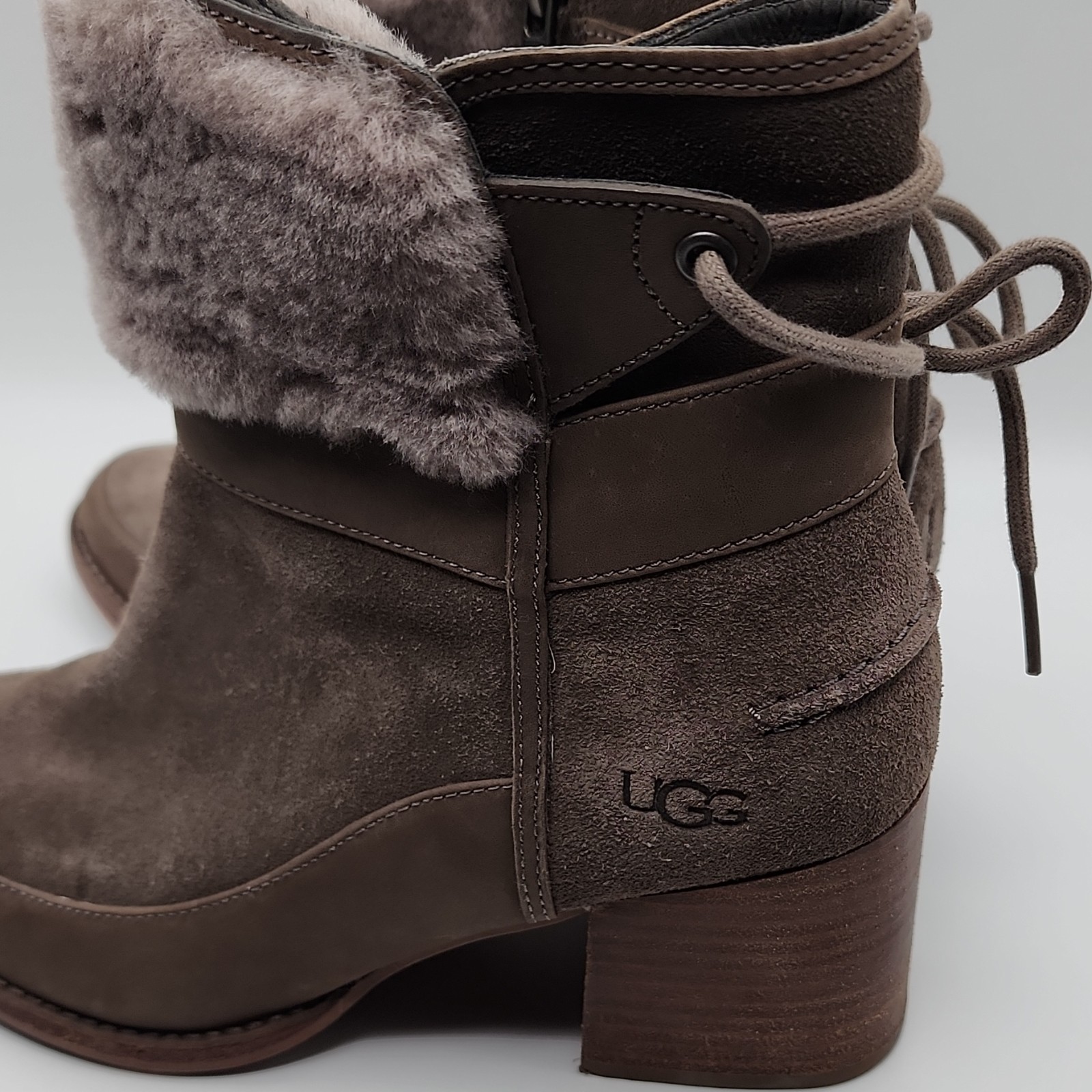 UGG Womens 8 Brown Suede Shearling Lined Faux Fur Trim Ankle Boots 1104863