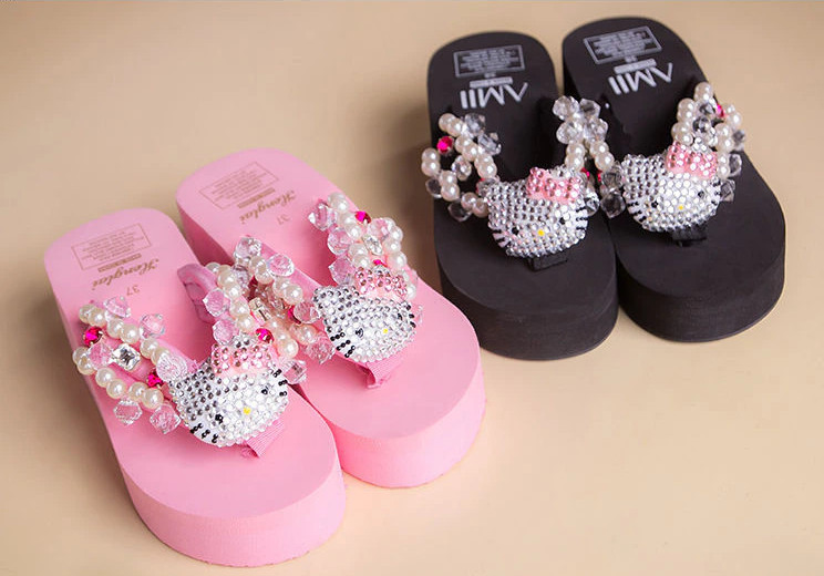 Hello Kitty Flip Flops Women Platform Shoes Summer Fashion High Heels Slipper
