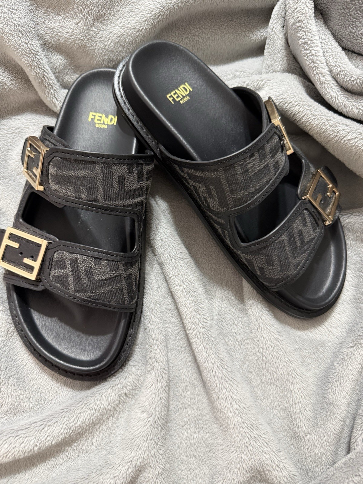 Fendi Women’s Slide Sandals Black/Gray FF Logo Buckle Adjustable Strap