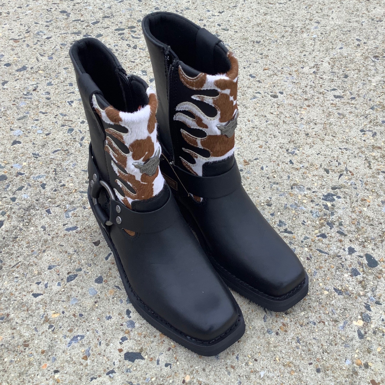 Harley Davidson Heritage Nostalgia Cow Print Flame Leather Boots D87274 Black 5M