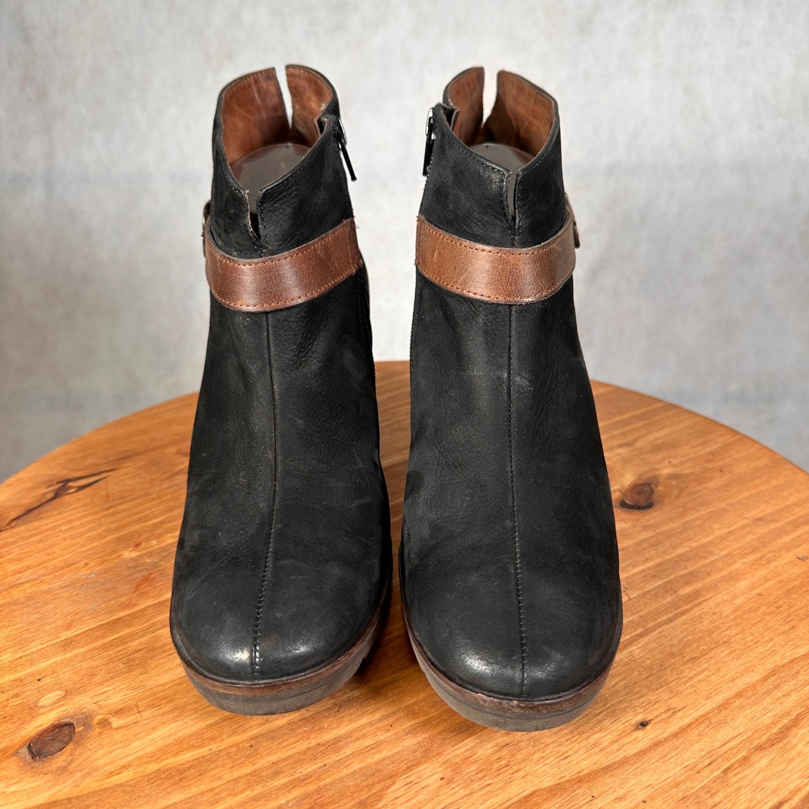 Paul Green Leather Ankle Boots Women 7 Black Brown Good Buckle Side Zip