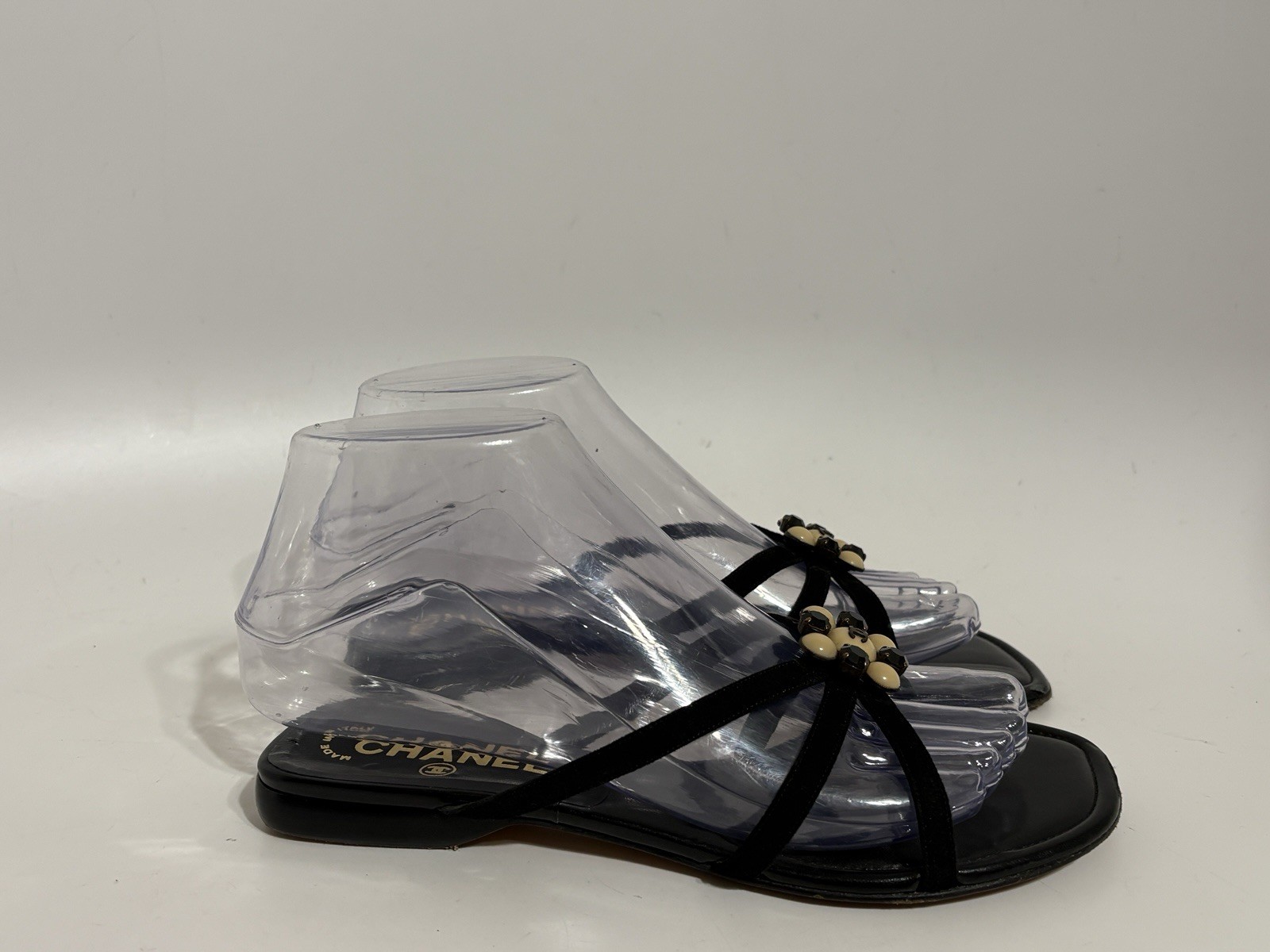 Vtg Chanel Black Leather CC Logo Crystal Embellished Sandals 36