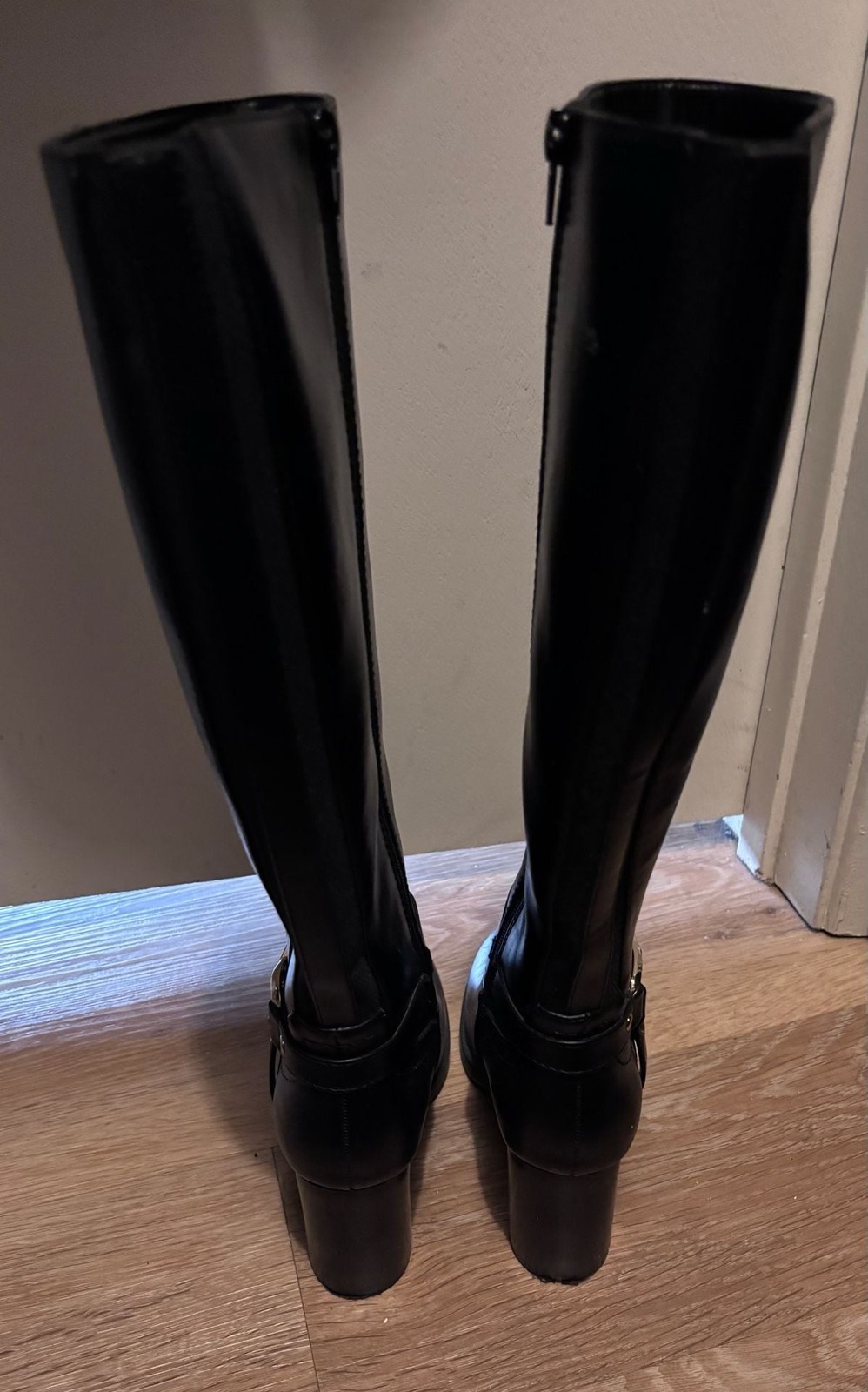 Unisa Women’s Black Knee-High Riding Boots with Side Buckle Detail and Chunky He