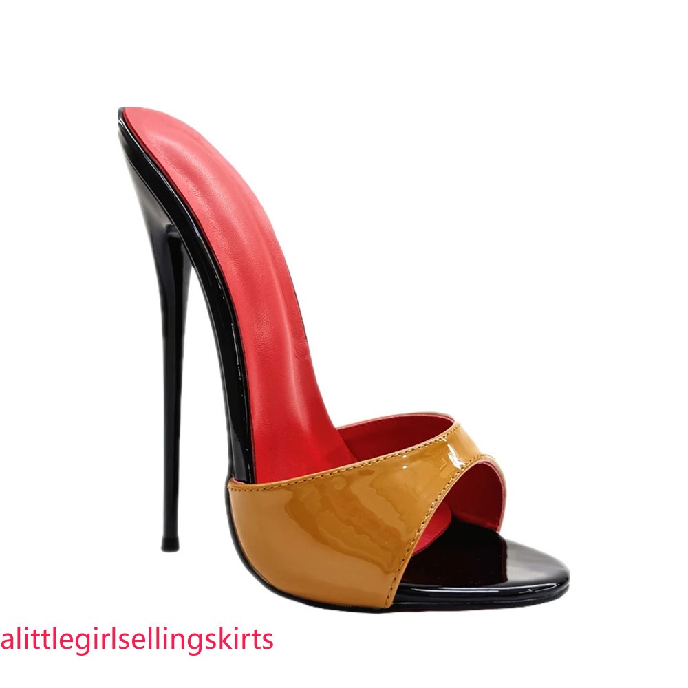 Women 16cm Mules Sexy Stilettos Slippers Patent Leather Summer High Heels Pumps