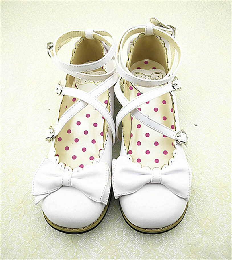 Women Lolita Low-heeled Mary Jane High Heel Cross Straps Bow Knot Princess Shoes