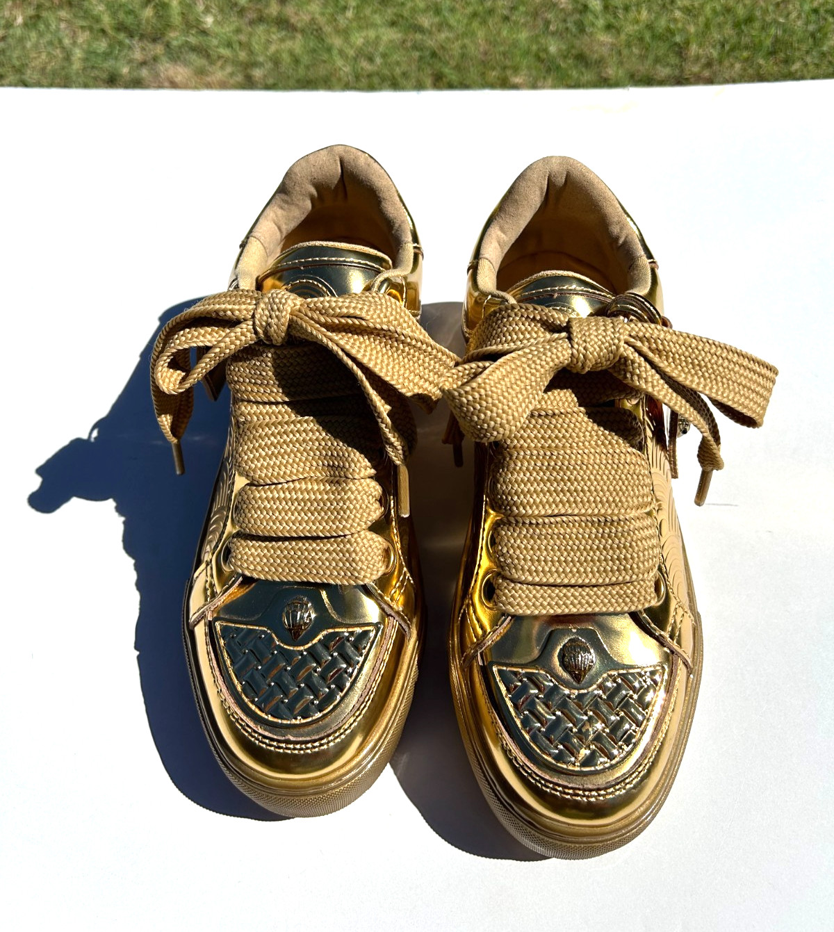 Kurt Geiger London Southbank Tag Platform Sneakers Sz 7.5 EUR 38 Gold $260 NEW