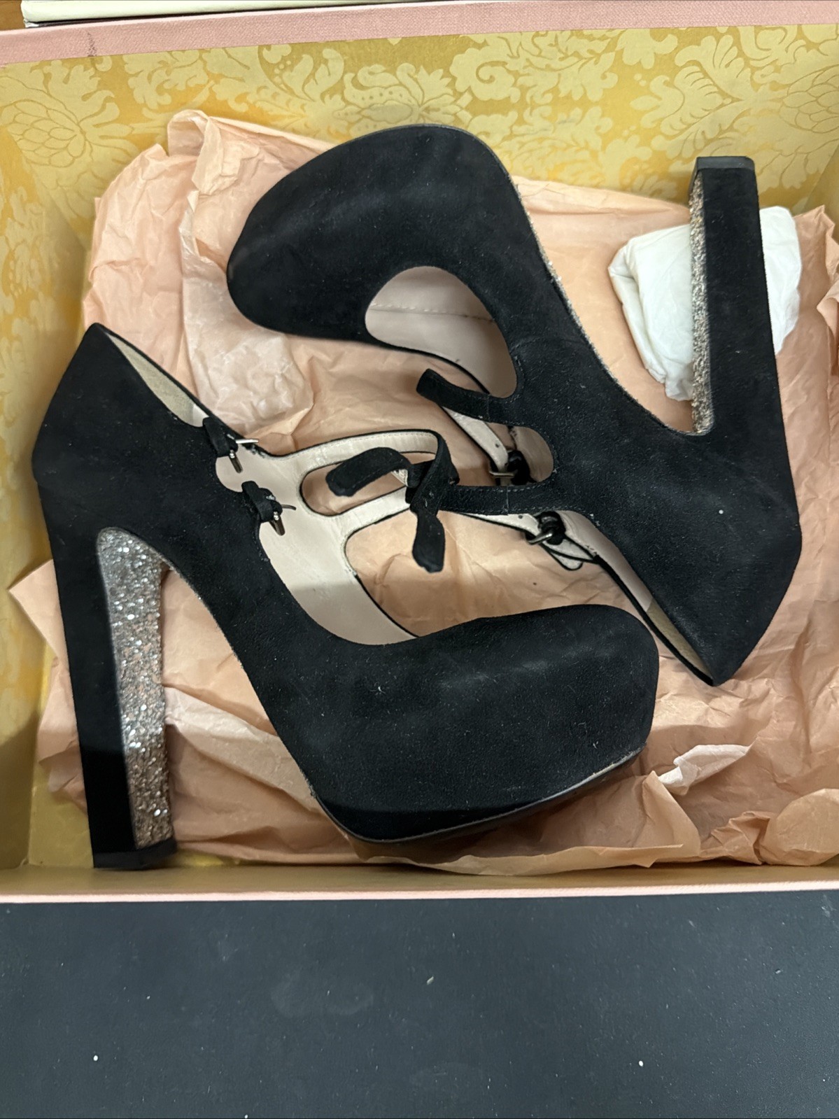 Miu Miu Black Suede Glitter Sole Mary Jane Heels, Size 36 With Box