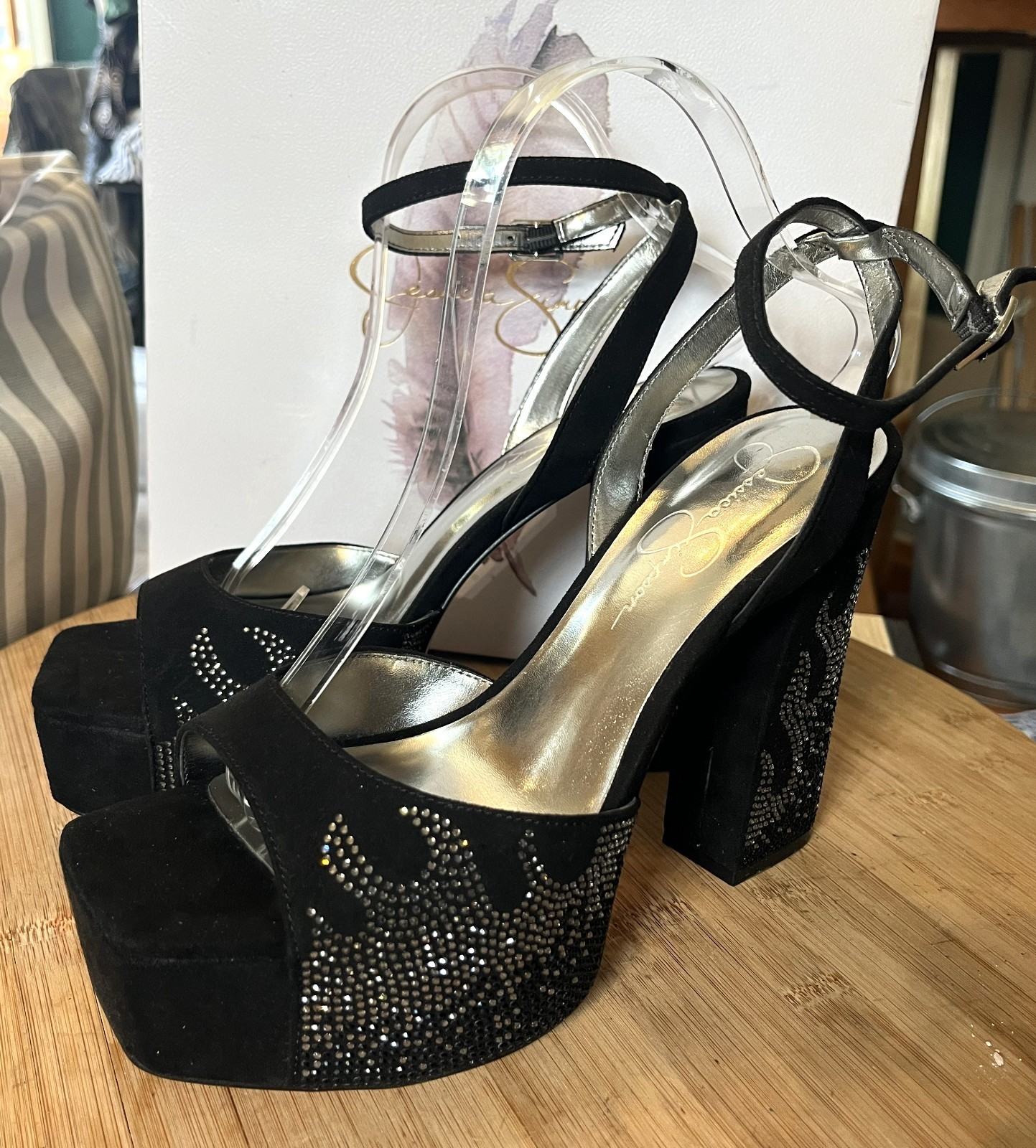 JESSICA SIMPSON BLACK/SILVER RHINESTONE FLAME PLATFORM HEELS LIRIO2 9M WITH BOX