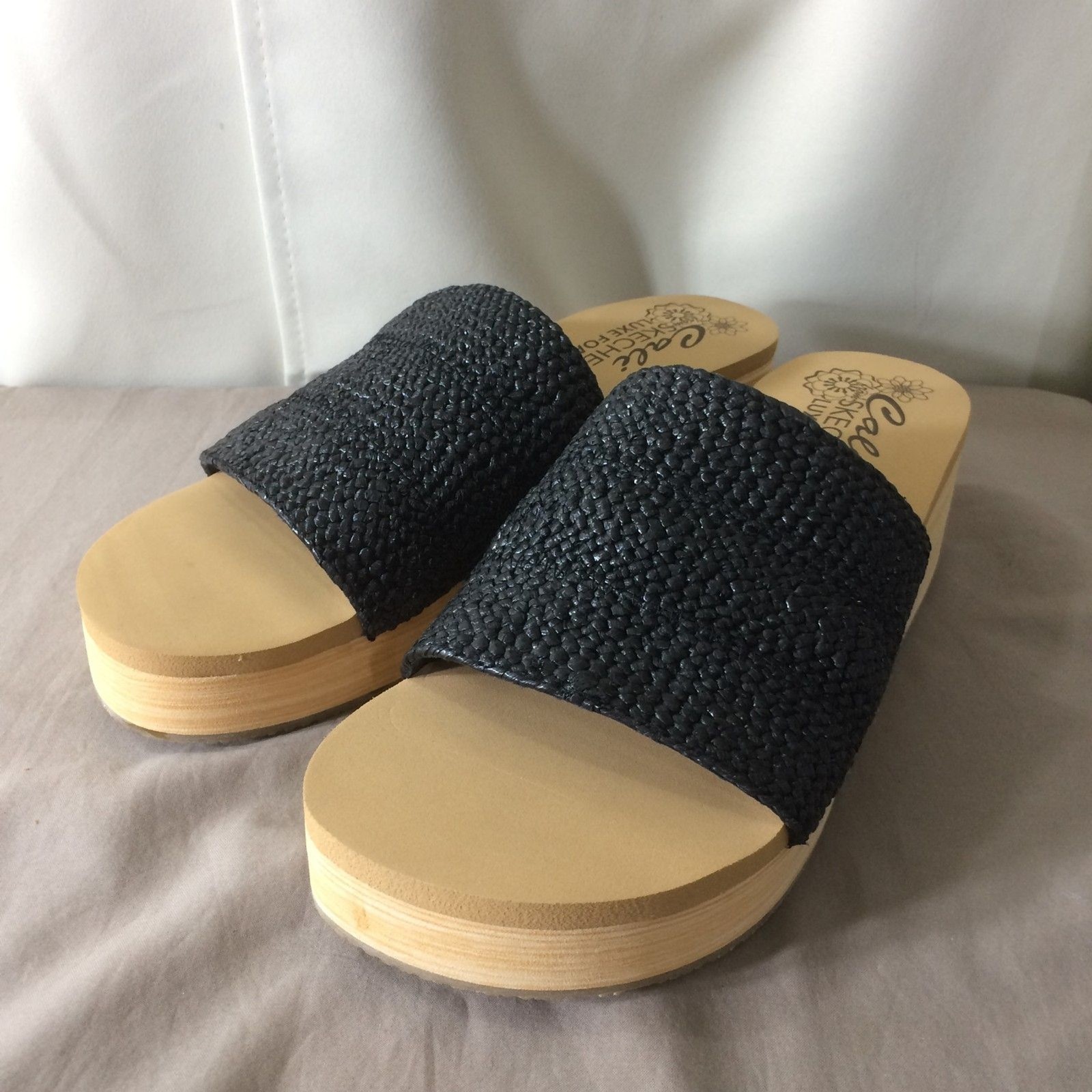 Cali By Skechers Luxe Foam Wedge Slide Sandals Black Raffia Size 11 New