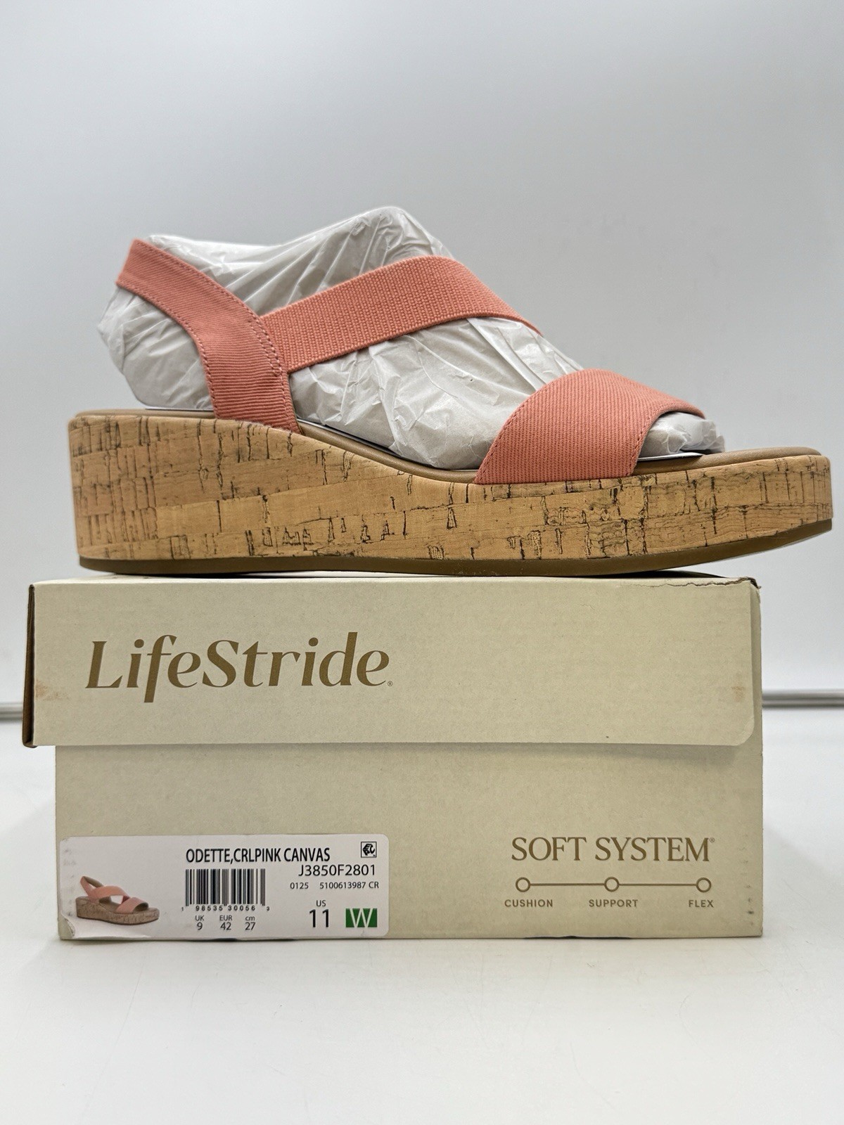 LifeStride Women’s Odette Strappy Wedge Sandal Coral Pink Size 11 Wide