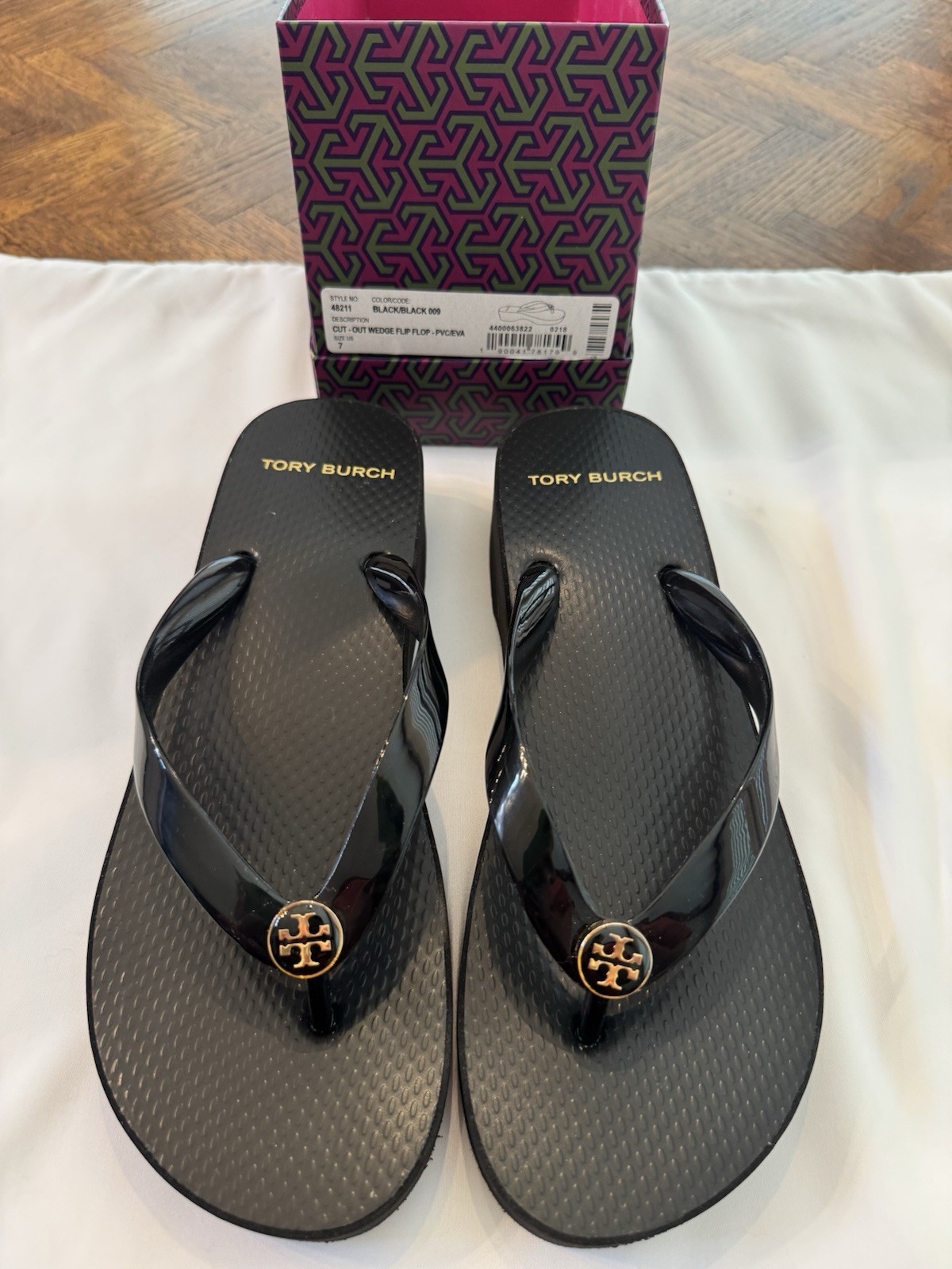 Tory Burch Women’s Black Wedge Flip Flop Sandals Logo PVC US 7