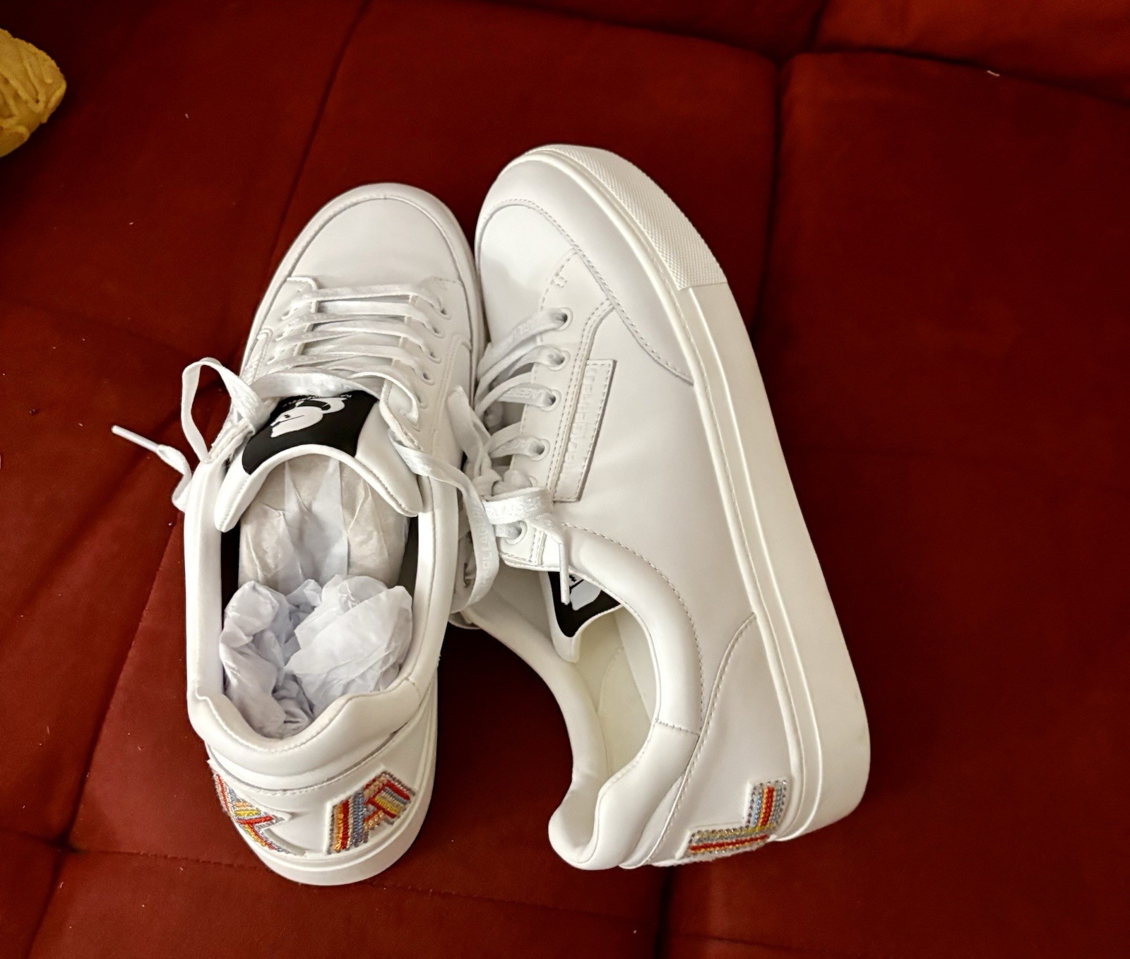 Karl Lagerfeld Paris Designer Calico Patch Embellished Heel Sneakers,White Sz 10
