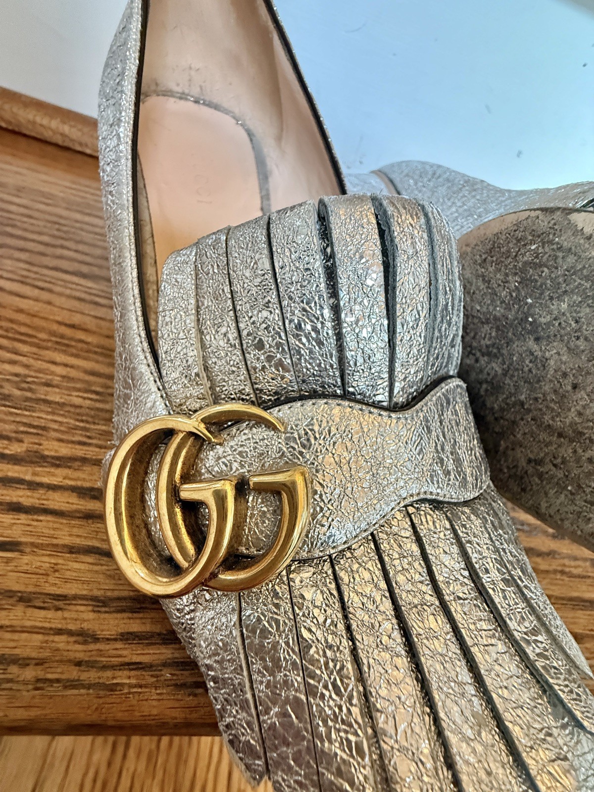 Gucci Metallic leather GG fringe Marmont 55mm Heeled Loafer pumps EU 38