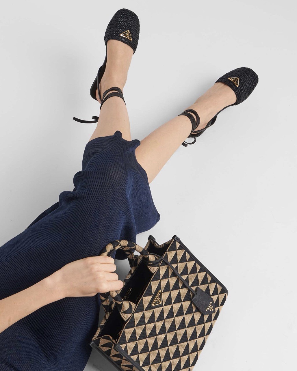 PRADA Black Raffia Logo Tie Ankle Strap Strappy Flats Women’s EU 39 US 8.5